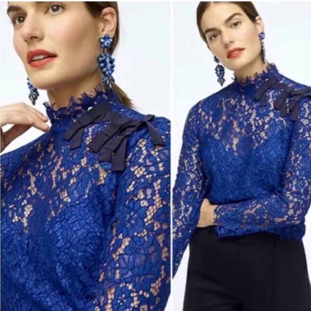 J. Crew Festive Floral Royal Blue Lace Mock Neck Long Sleeve Blouse, Size 8
